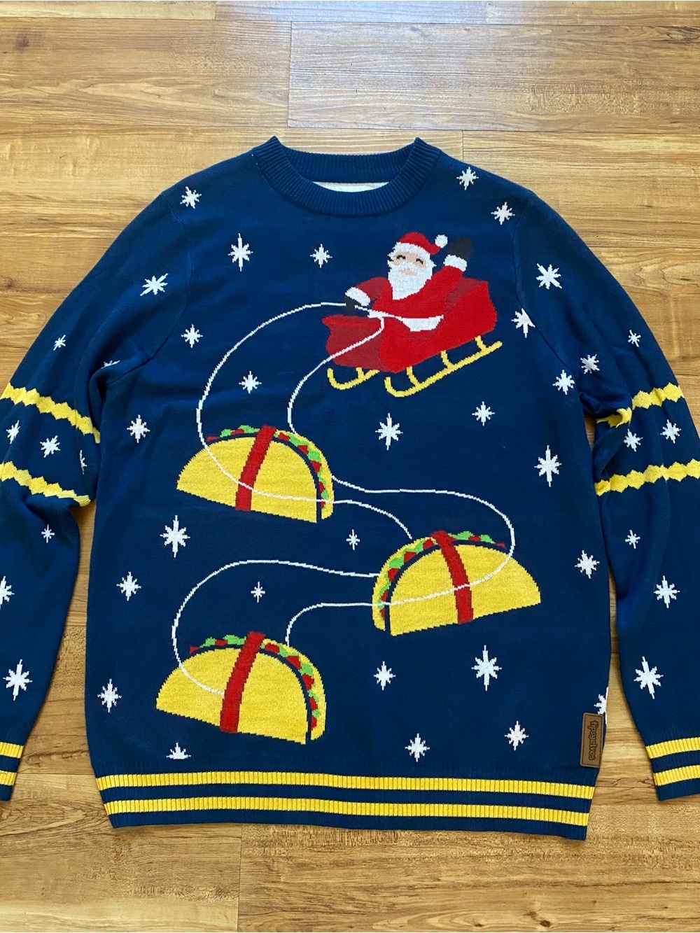 Tipsy Elves Mens L Blue Ugly Christmas Sweater Santa Tacos Novelty Crewneck